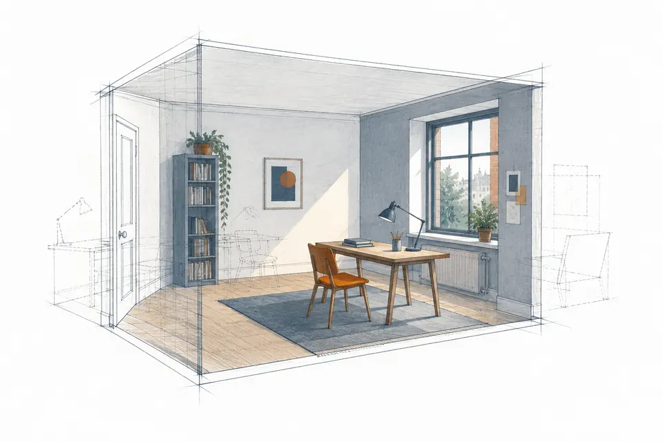A room combining visible surfaces, structural drawings, and possible variations.