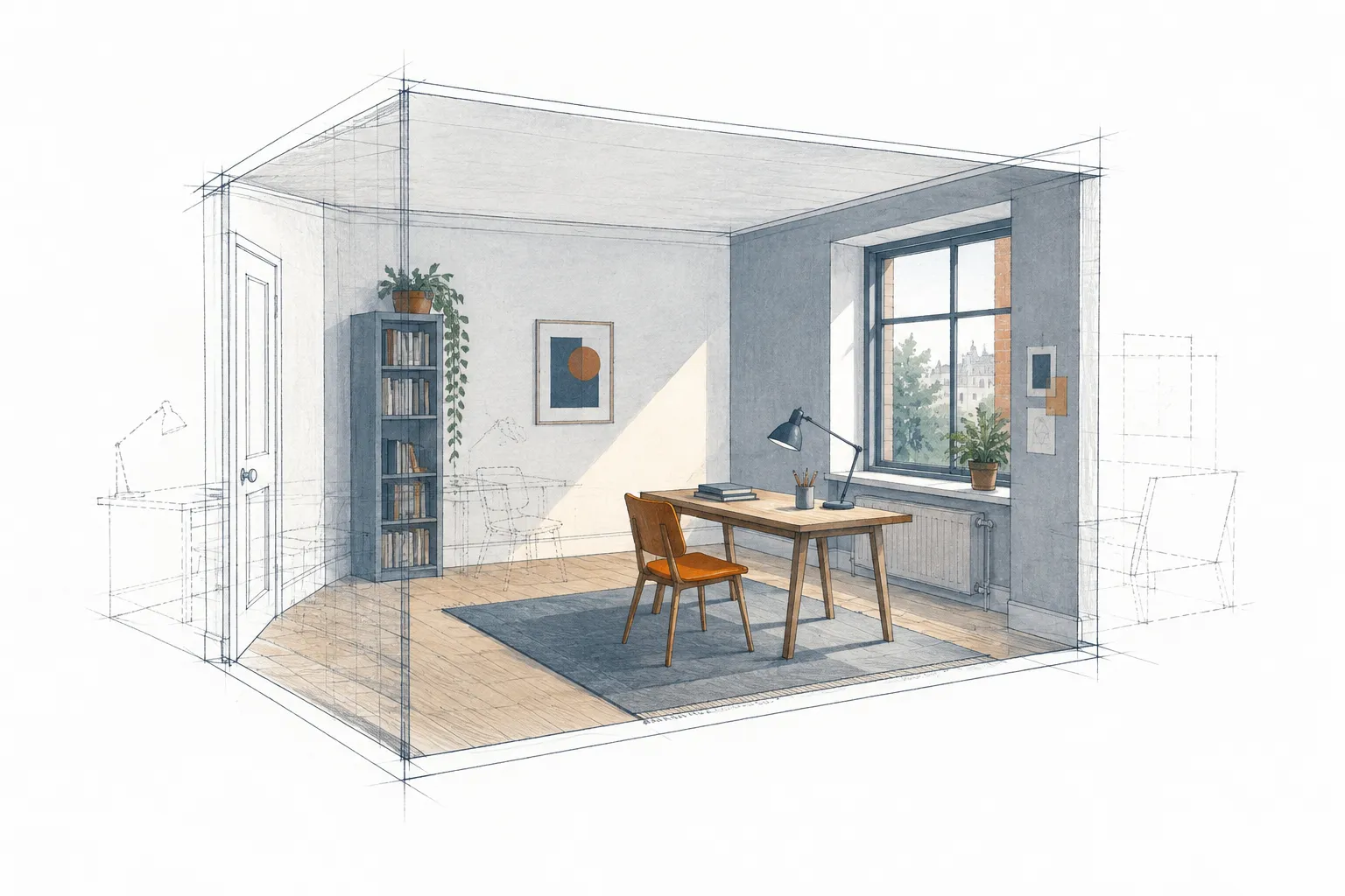 A room combining visible surfaces, structural drawings, and possible variations.