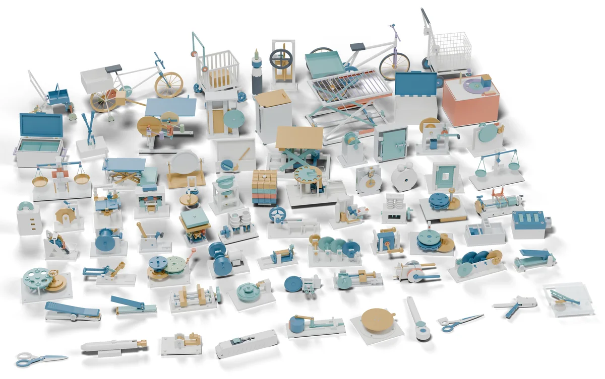 Paper Figure 3: 75 mechanisms built by LLM agents across all 46 FunCADBench families